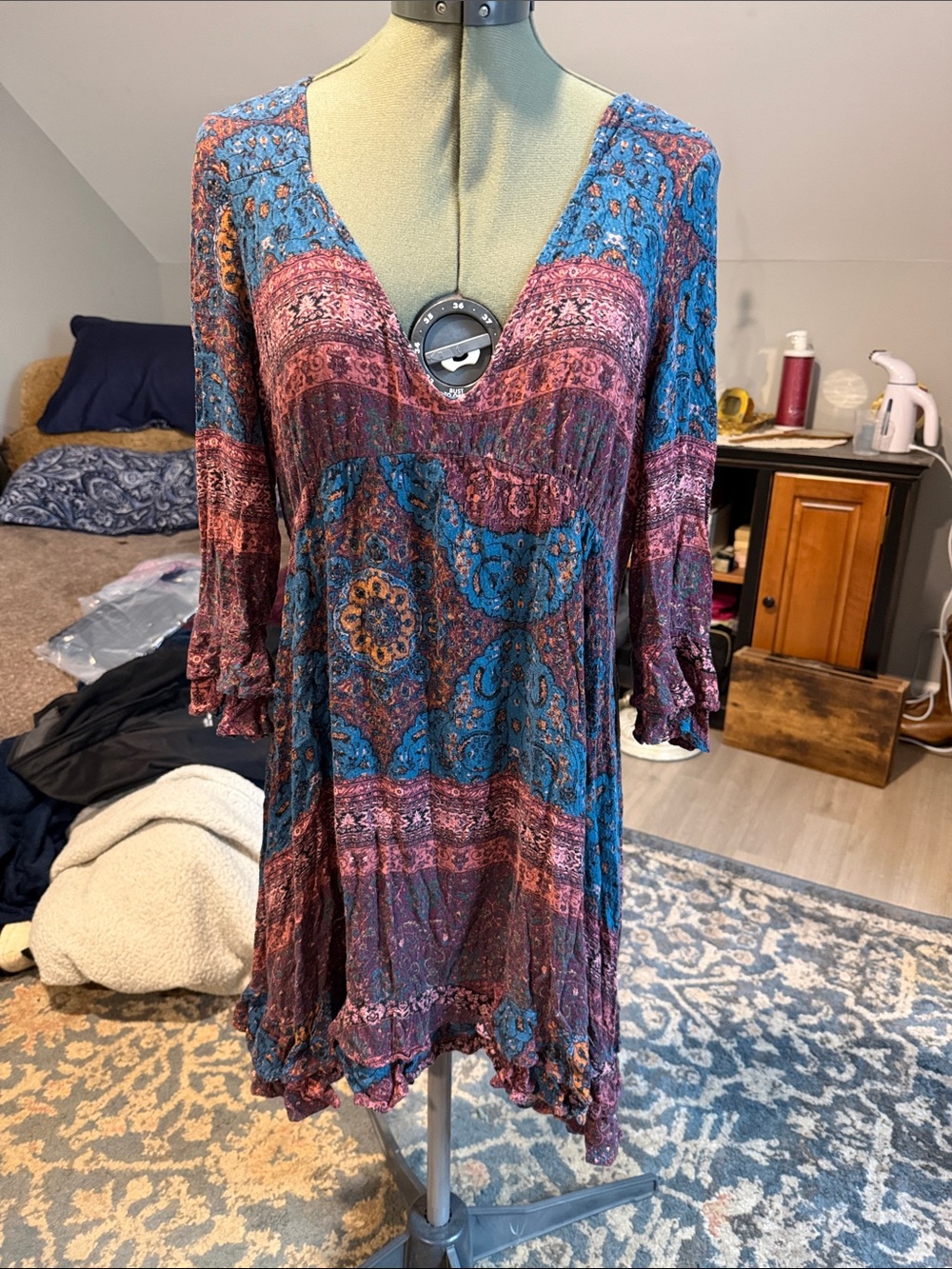 Idyllwind Boho V-Neck Tunic Dress in Blue and Burgundy